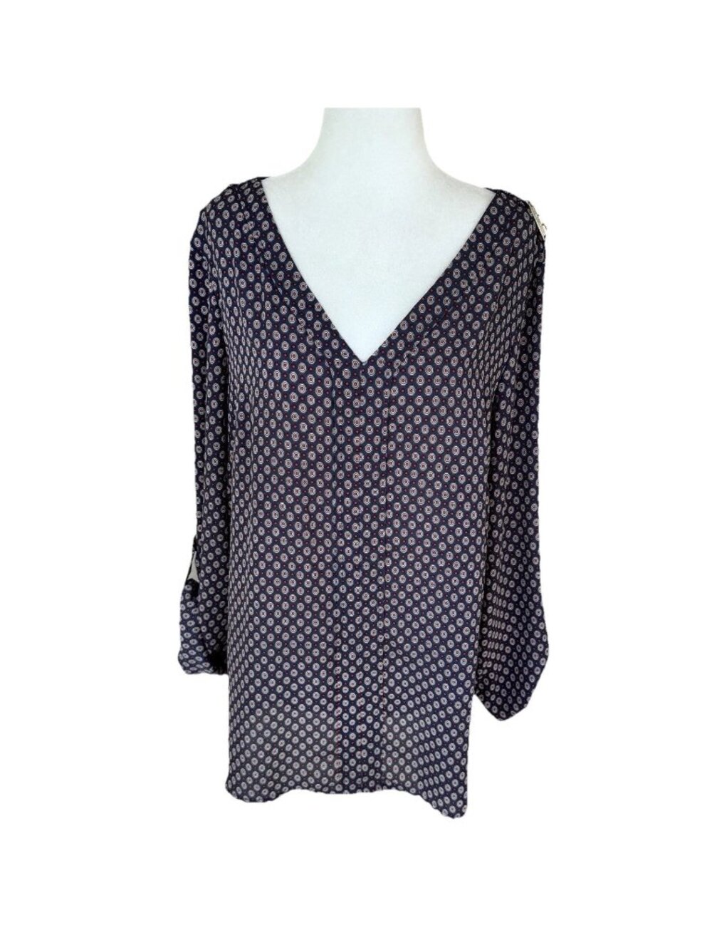 New Directions Roll Tab Sleeve Blouse Women XL Navy Blue Red White Dots